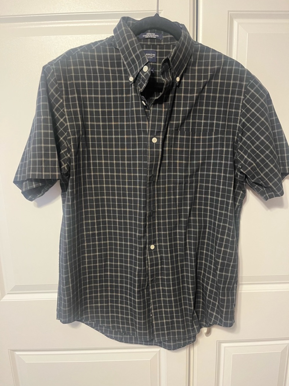 Vintage Arrow Men’s Black Windowpane Short-Sleeve Button-Down Shirt -15 1/2